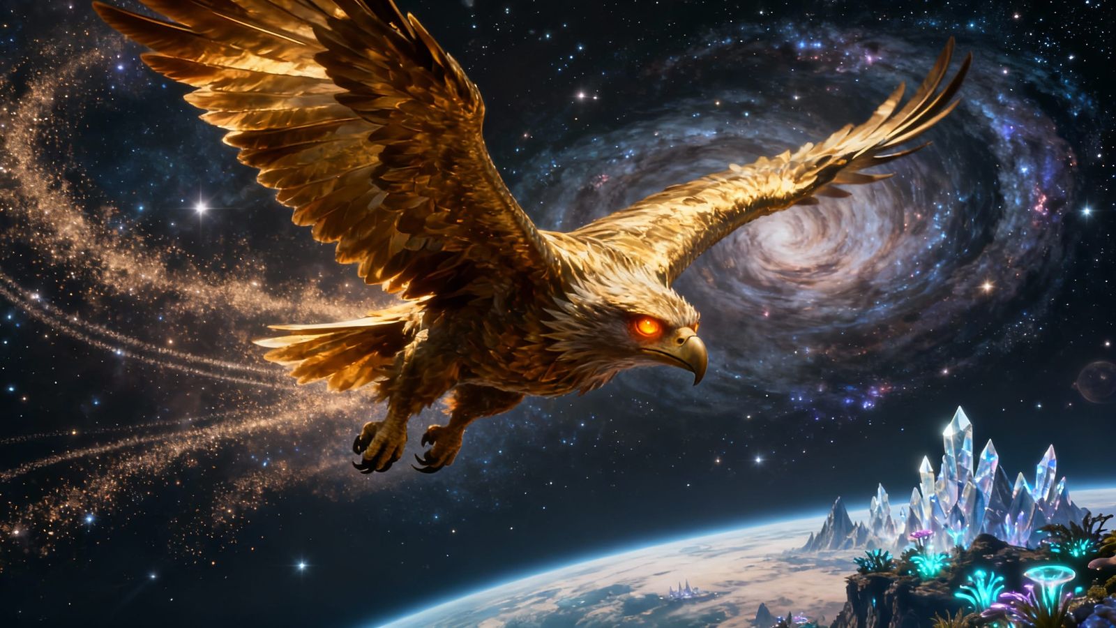 Majestic Golden Griffon Soars Through Nebula Cosmos