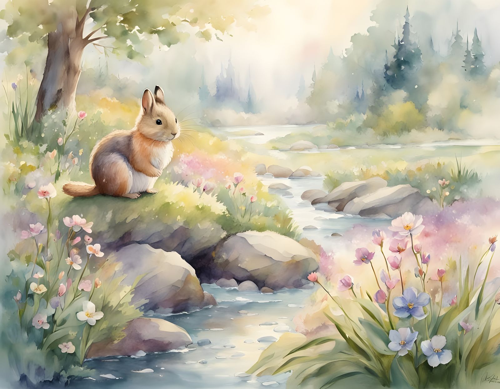 Whimsical Watercolor of Pika in Springtime Meadow