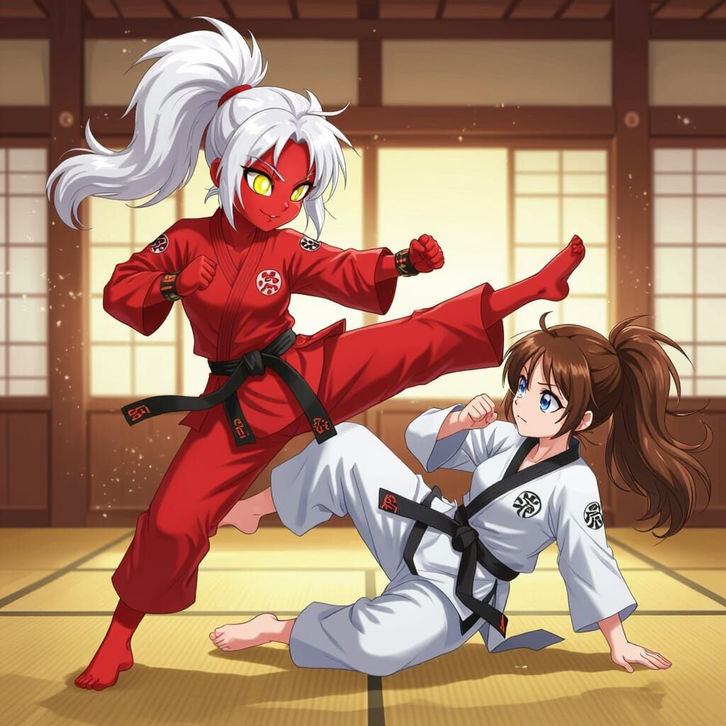 Anime Karate Girl Kicks Opponent in Dojo