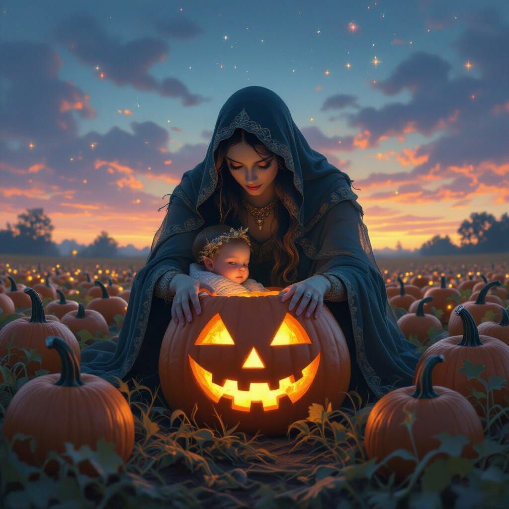 Ethereal Fairy Leaves Changeling in Glowing Pumpkin Patch