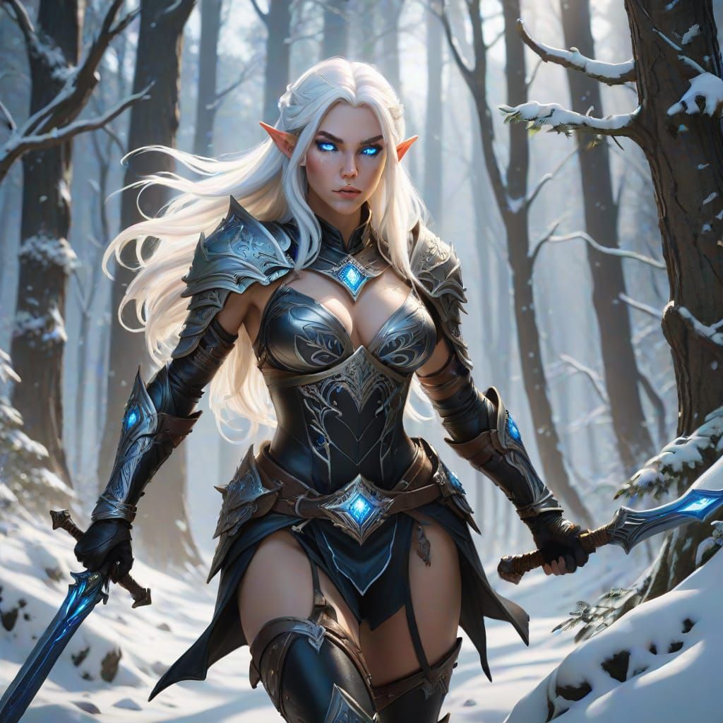 Elven Huntress Battles Troll in Snowy Forest