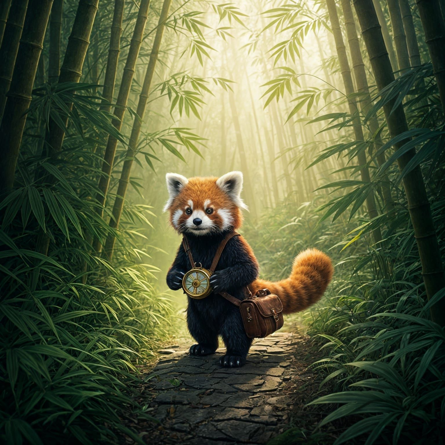 Red Panda Explorer in Bamboo Jungle, Matte Painting