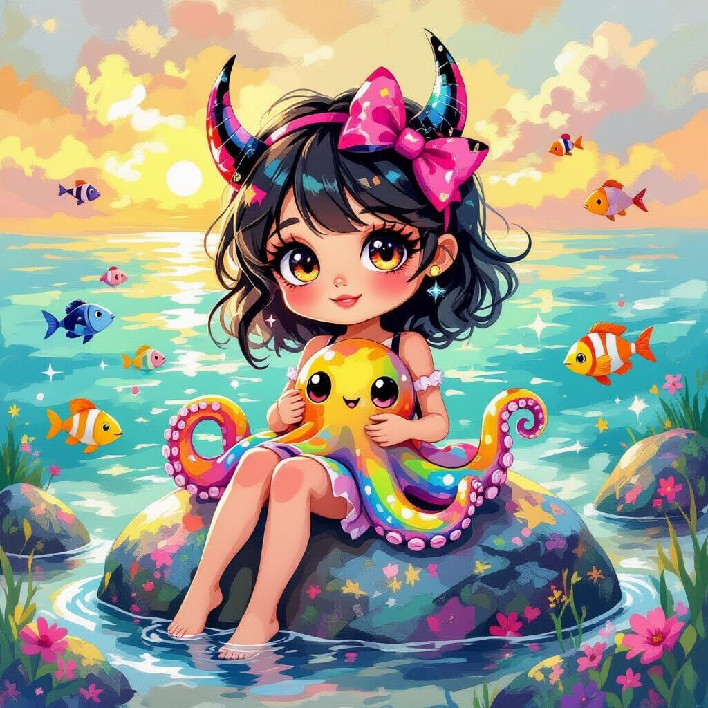 Cartoon Girl with Octopus in Impressionistic Style