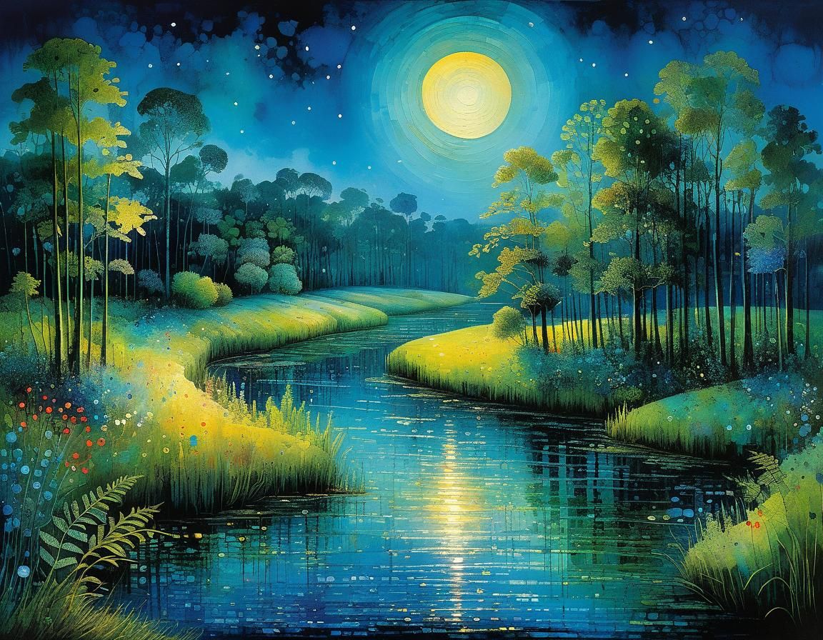 Blue Bayou by Moonlight in Patchwork Illustration Style