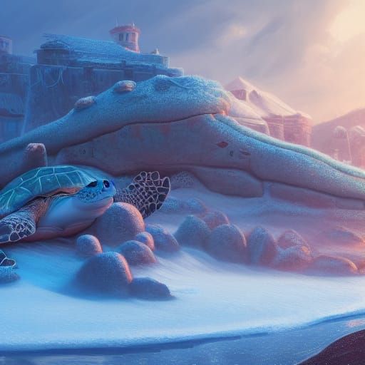 Turtles on a Snowy Beach: Detailed Matte Painting