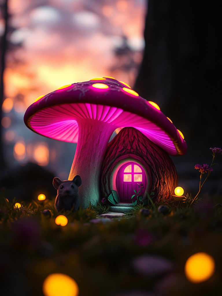 Mouse with Mushroom House in Dark Fantasy Style