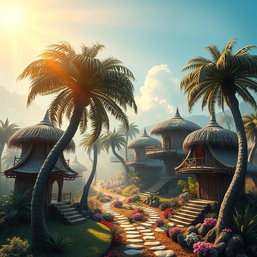 A surrealistic village ofhouses made of Palm Trees