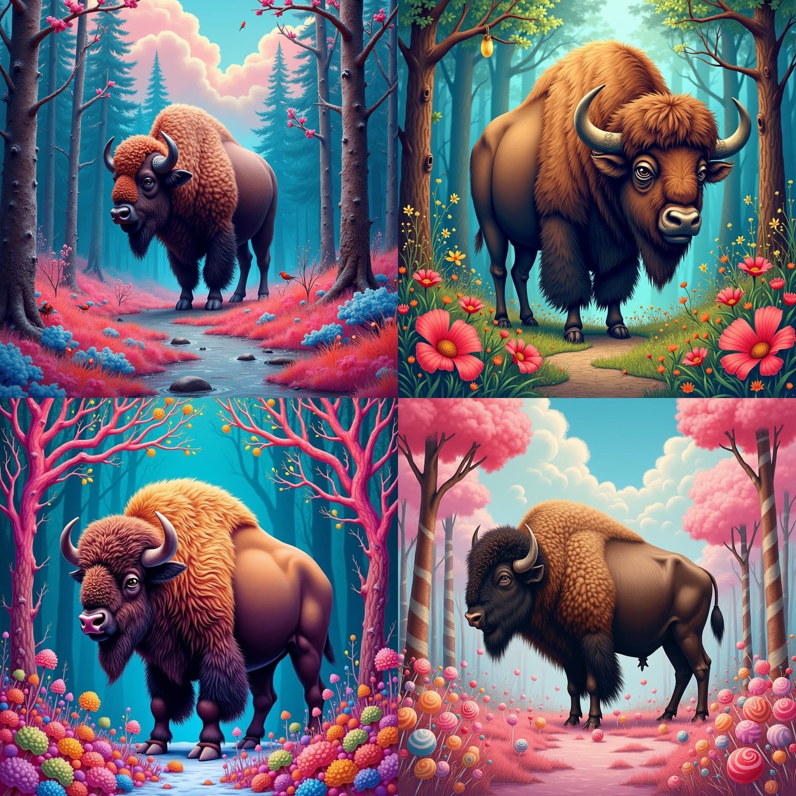 Wood Bison in Northern Forest, Gouache Style