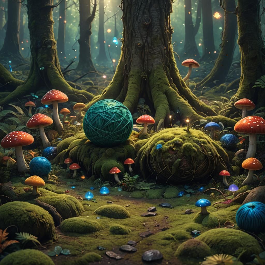 Colorful Yarn Ball in Enchanted Forest: Fantasy Art