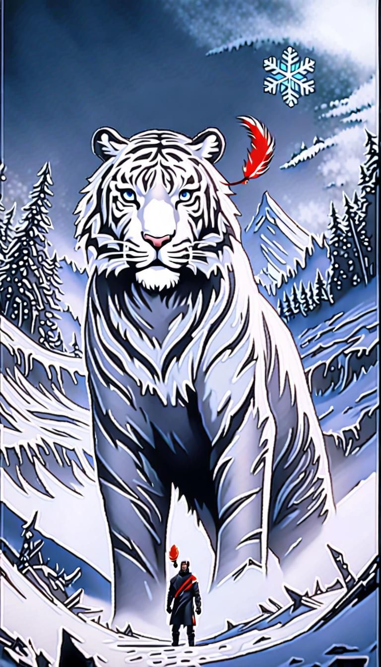 White Tiger Majestically Carries Red Feather Amidst Snowy Ru...