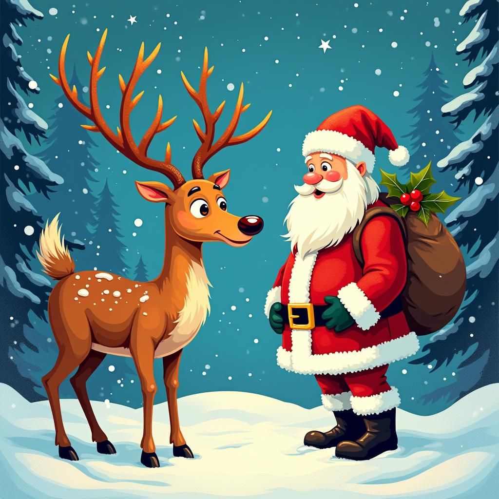 Reindeer and Santa in Winter Wonderland: Digital Art