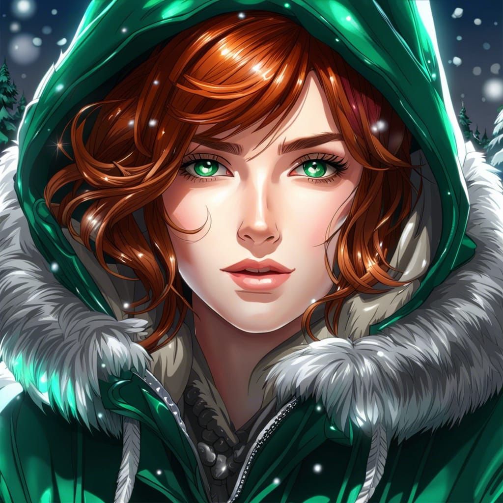 Anime Woman with Auburn Hair and Emerald Eyes