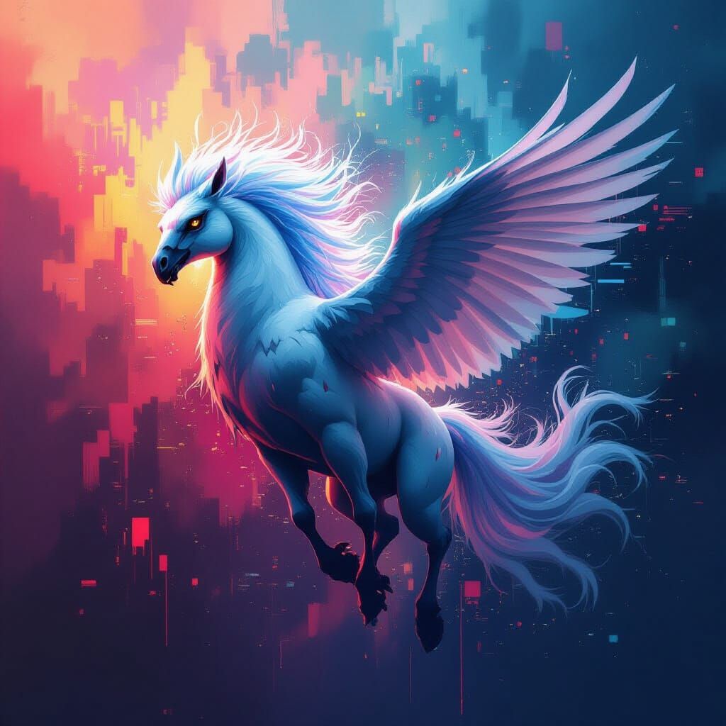 Surreal Hippogriff Dissolving into Digital Static