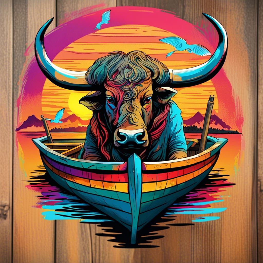 Buffalo in Boat: Pop Art Sunset Scene