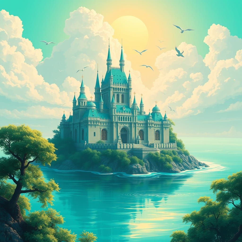 Turquoise Castle Island in Dreamy Animated Style