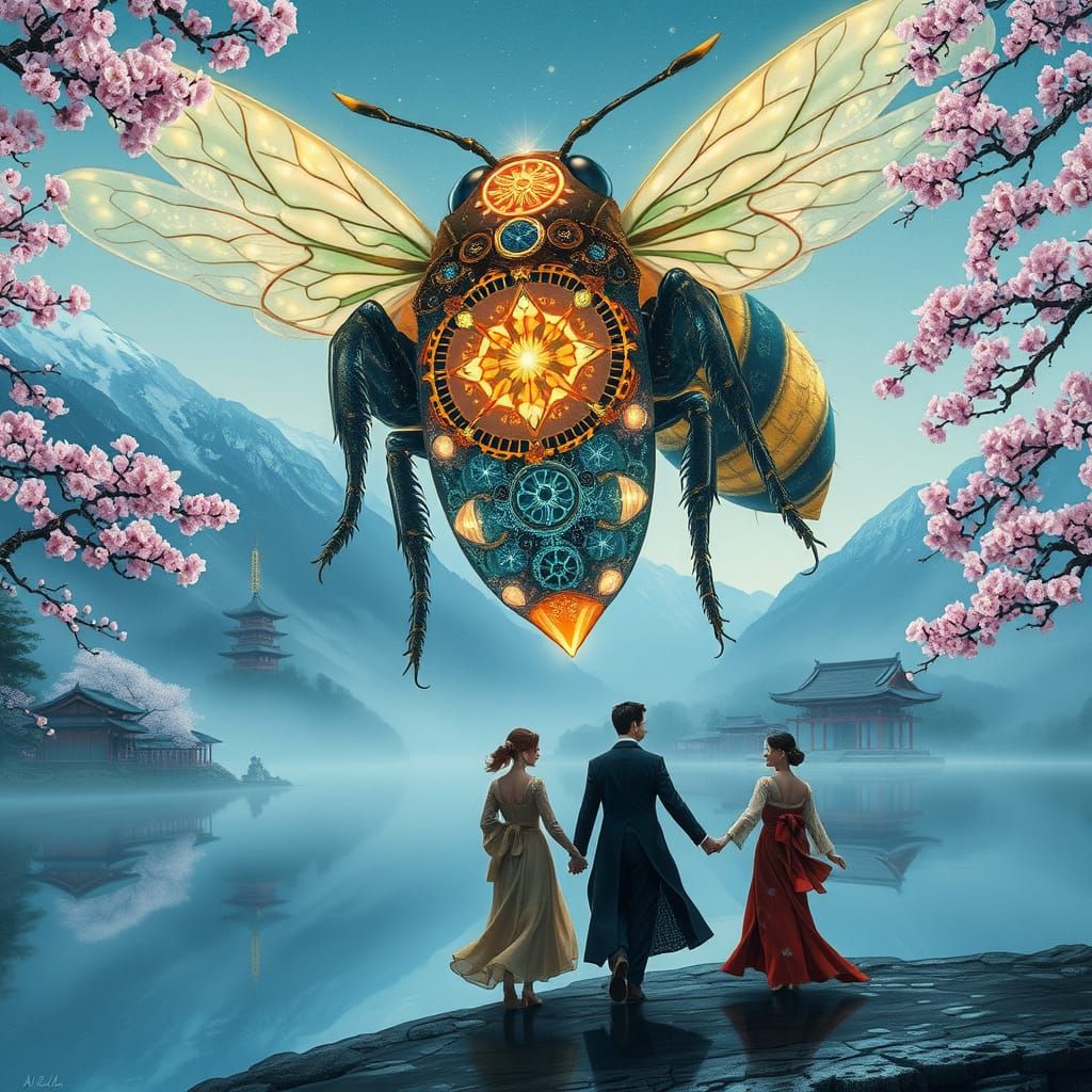 Bioluminescent Clockwork Bee Over Misty Lake