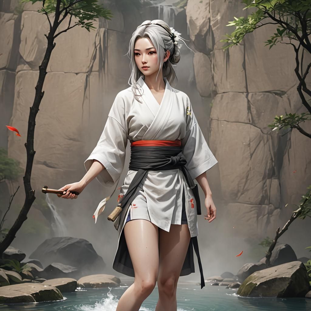 Toned Vietnamese Woman in Japanese Onsen: 3D Anime Art