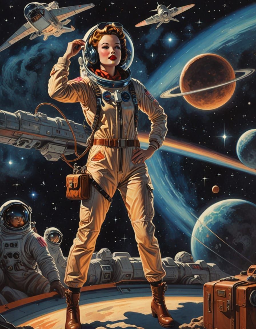 Pin-Up Woman in Spacesuit with Celestial Background