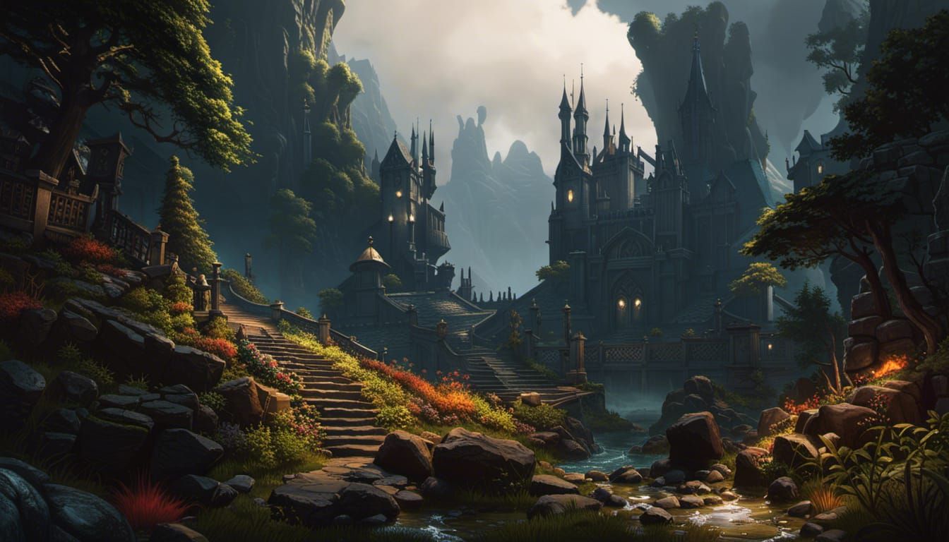 Dark Fantasy Landscape by Rutkowski and Mucha