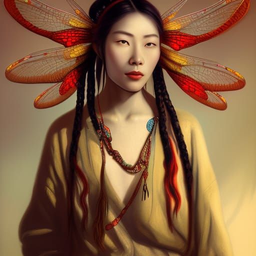 Chinese Woman with Dragonflies, Detailed Fantasy Art