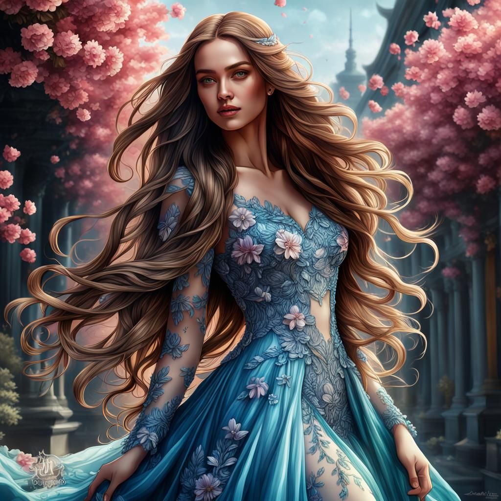 Beautiful Girl in Flower Gown, Hyperrealistic Digital Art