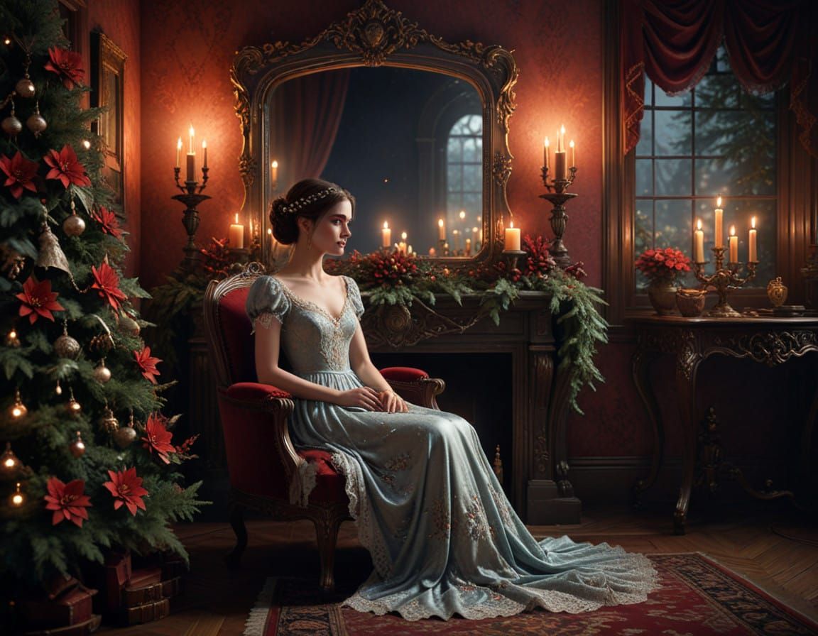 Young Girl in Velvet Dress, Surrounded by Candlelight and My...