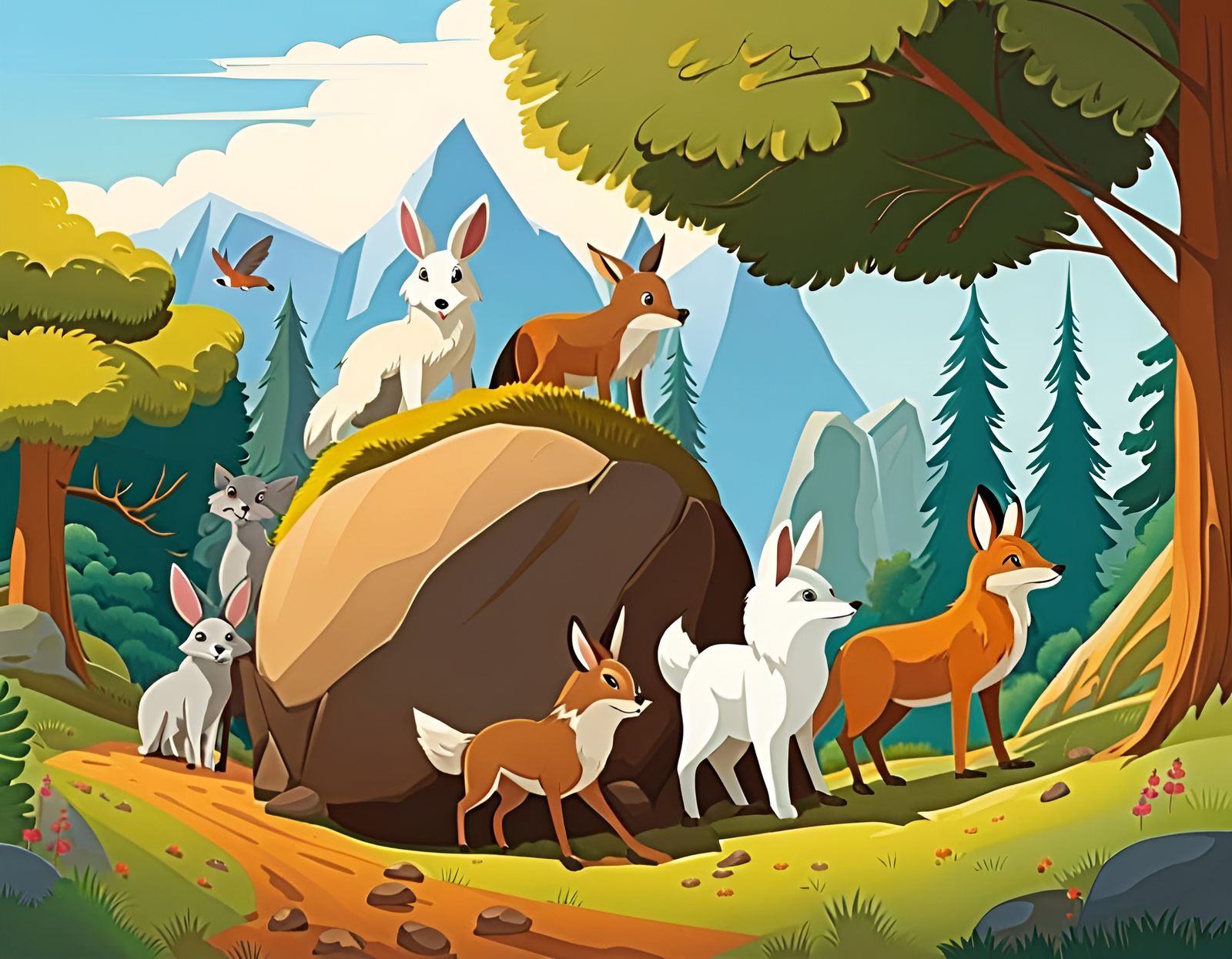 Forest Animals Teamwork: Pushing a Giant Boulder