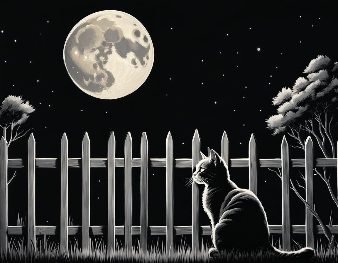 Noir Cat on Fence Under Full Moon