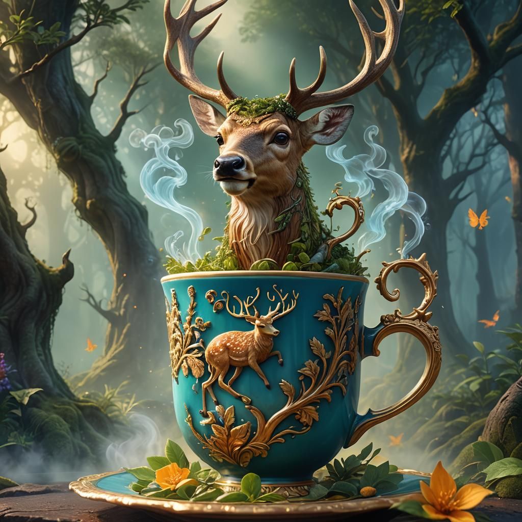 Enchanting Deer Emerges from Steaming Teacup