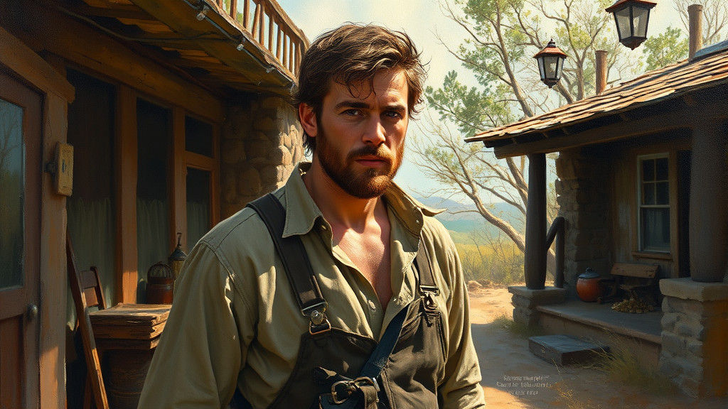 Masculine Figure in Rustic Landscape, Arts and Crafts Style