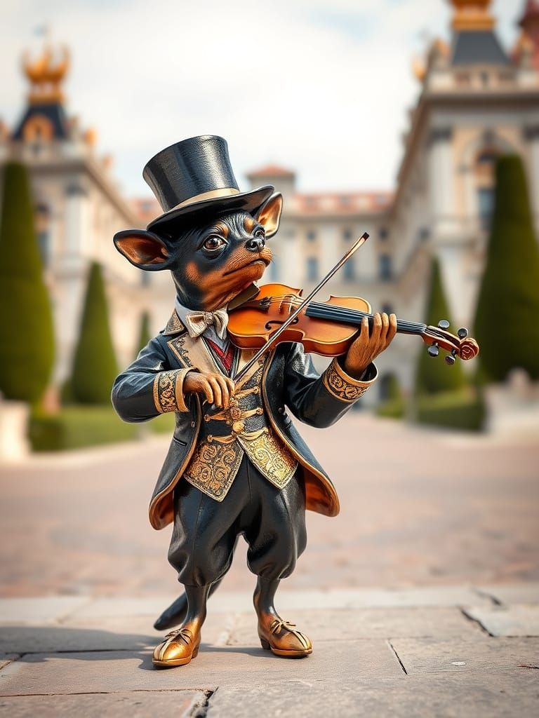 Anthropomorphic Chihuahua in Johann Strauß Attire Plays Viol...