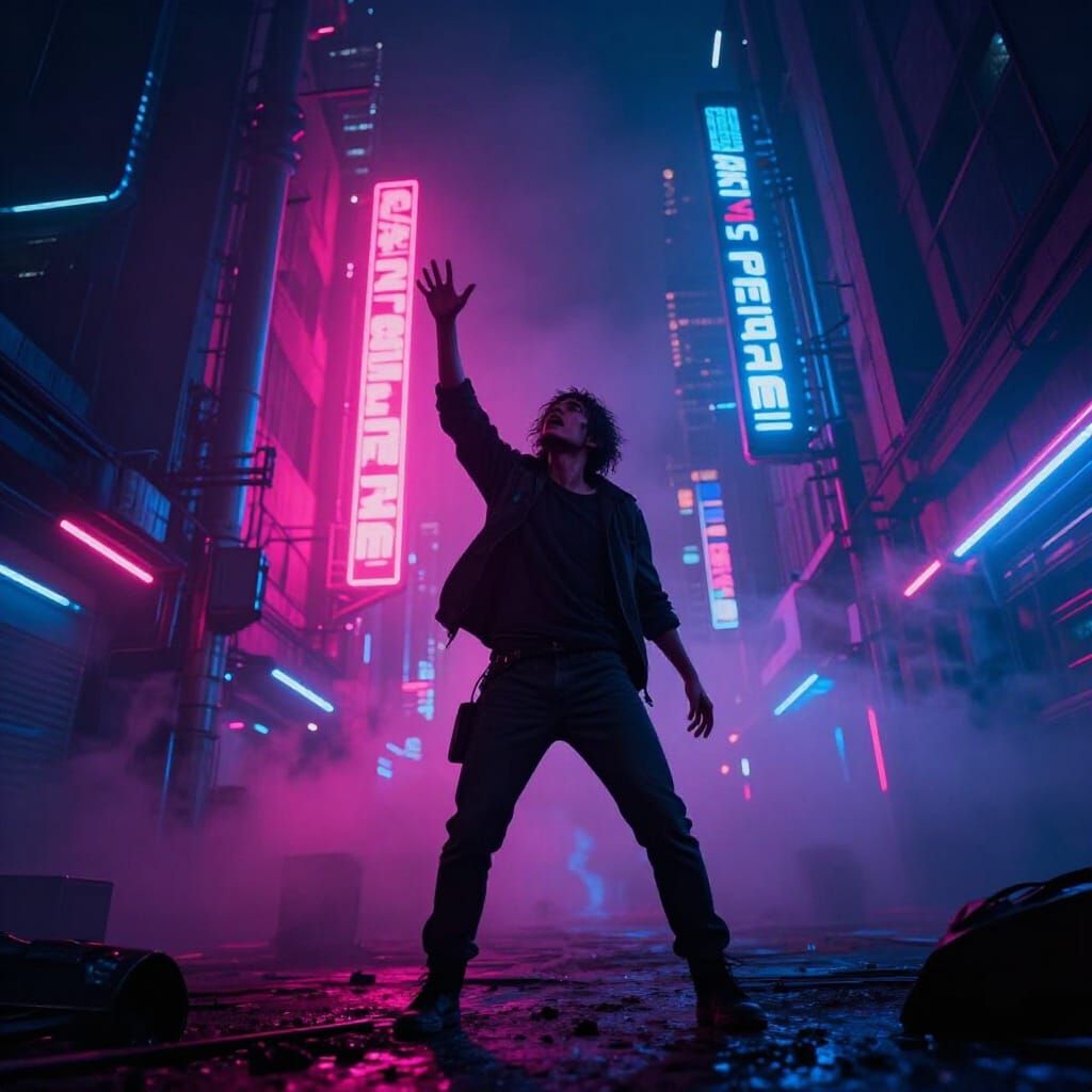 Figure Reaching in Neon Cyberpunk Cityscape