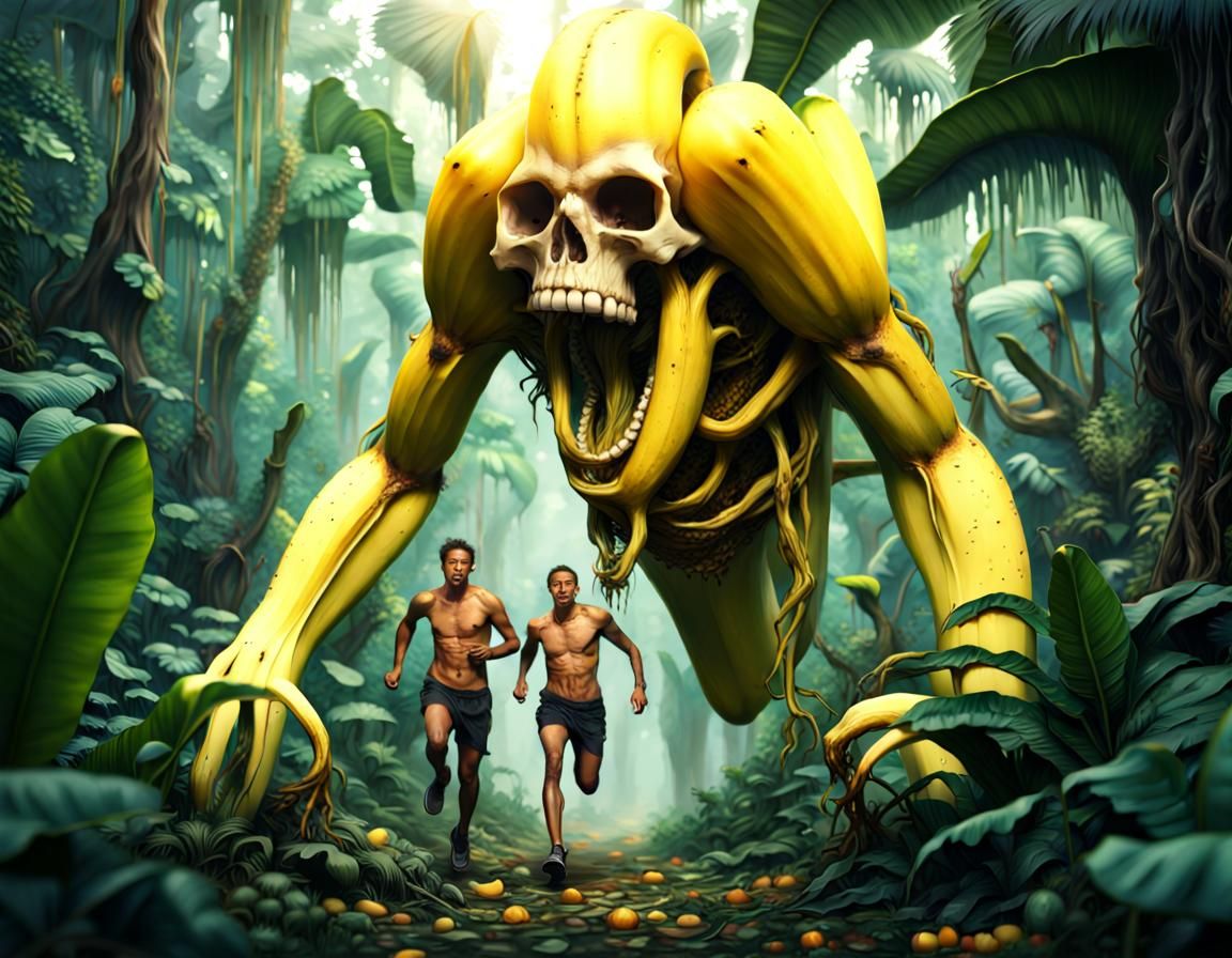 Humans Fleeing a Banana Skull Monster in Jungle