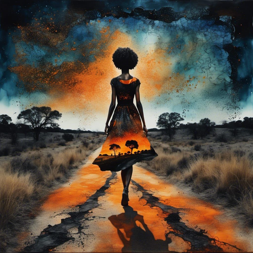 Surreal Double Exposure: Woman Walks Lonely Road