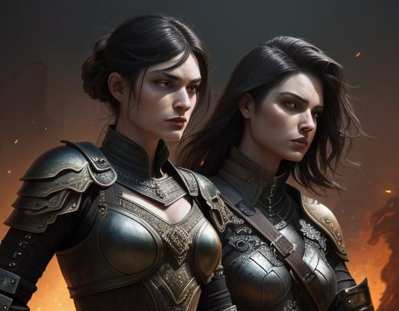 Dieselpunk eroticism. Medium shot. Two female gladiators fig...