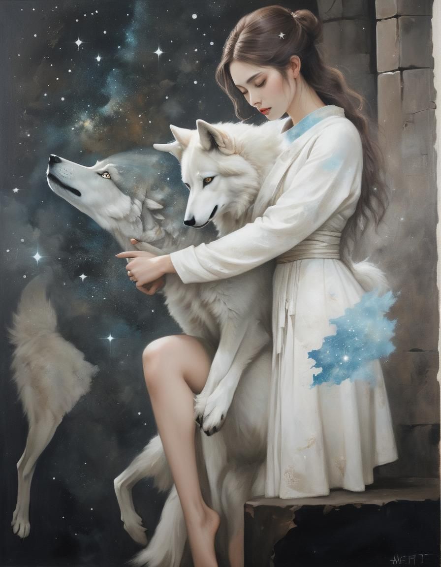 Fantasy Woman with Wolf in Nippon Oil Painting