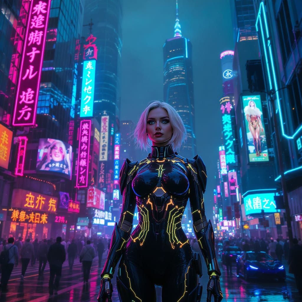 Futuristic Woman in Cyberpunk Cityscape