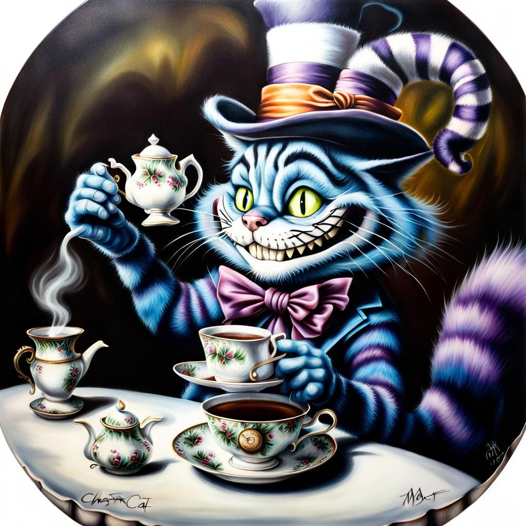 An airbrush painting of Cheshire Cat drinking tea ,  with th...