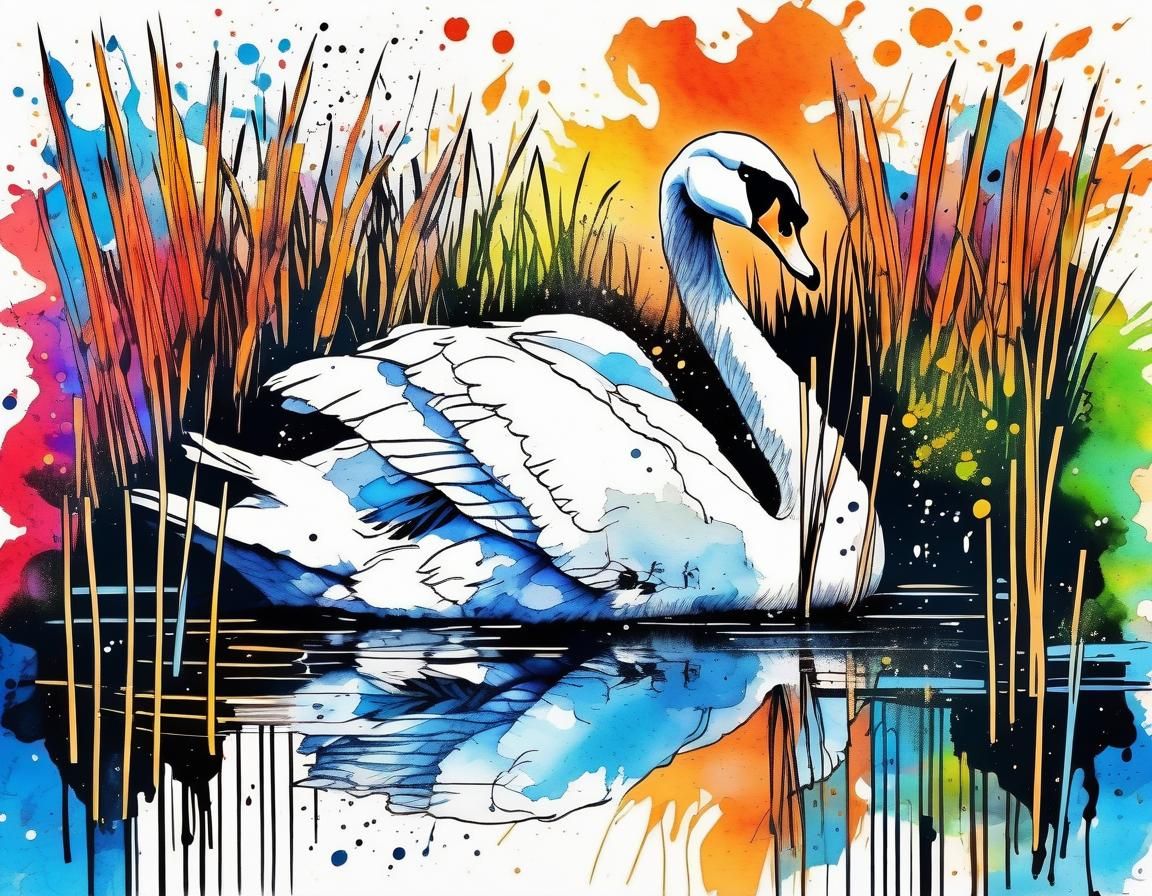 Colorful Ink Drawing of Swan in Pond