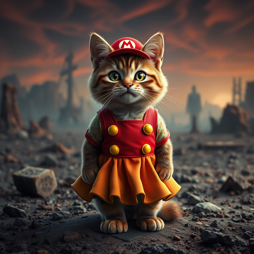 Cat in Mario Dress, Photorealistic Post-Apocalyptic Art