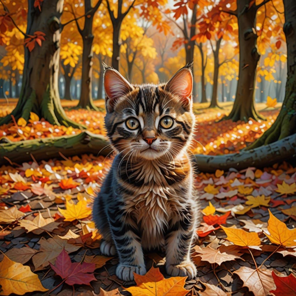 Mischievous Kitten Hiding in Autumn Leaves
