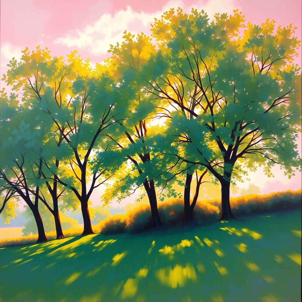 Soft Pink Dusk Landscape with Sunshine Rays