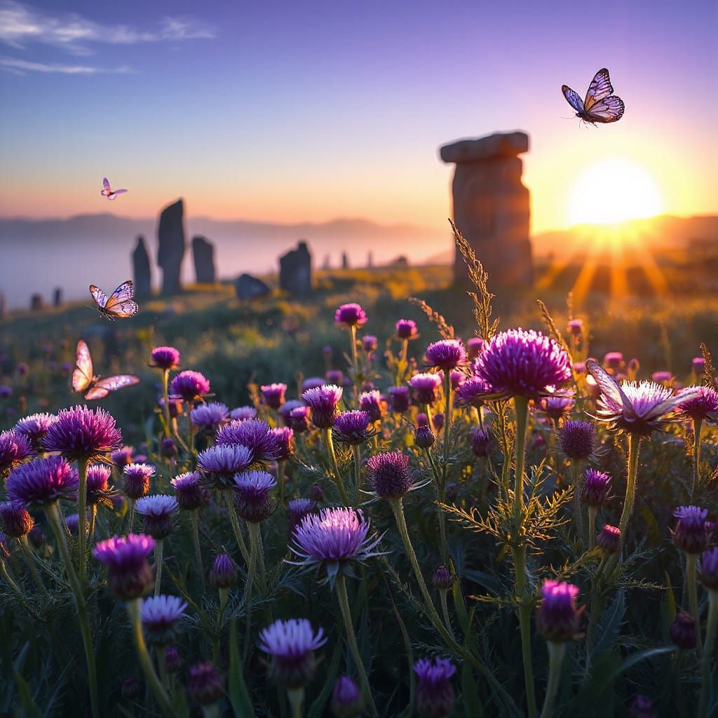 Mystical Celtic Meadow with Glowing Runes and Violet Thistle...
