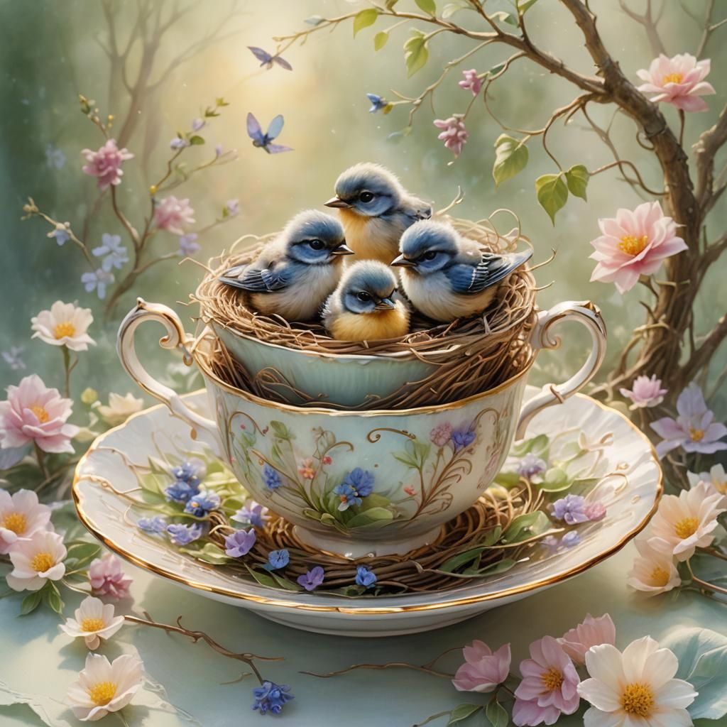 Baby Birds Nest in Teacup, Watercolor Fantasy