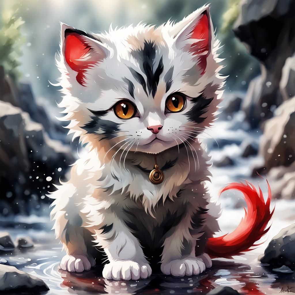 Cute Kitten Watercolor Splash Art in Anime Style