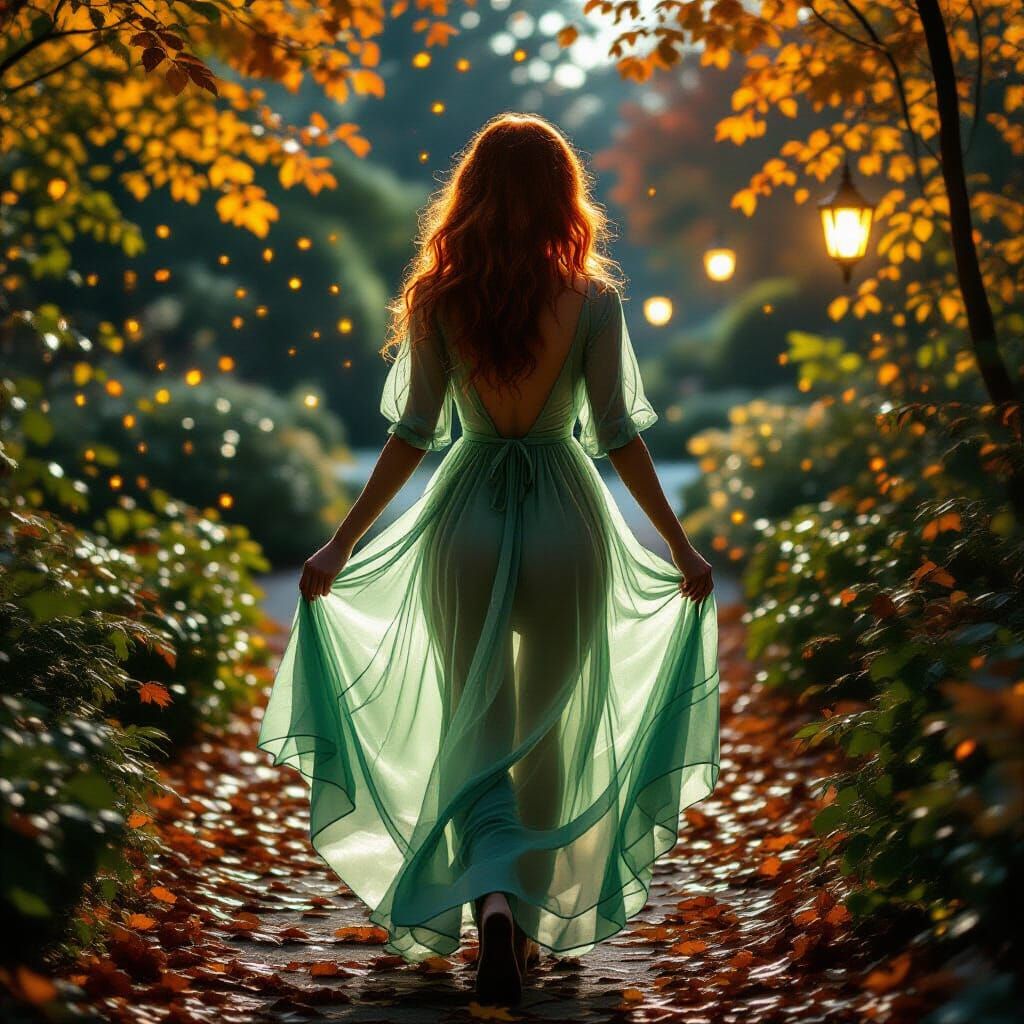 Redhead in Glowing Dress Walks Autumn Garden