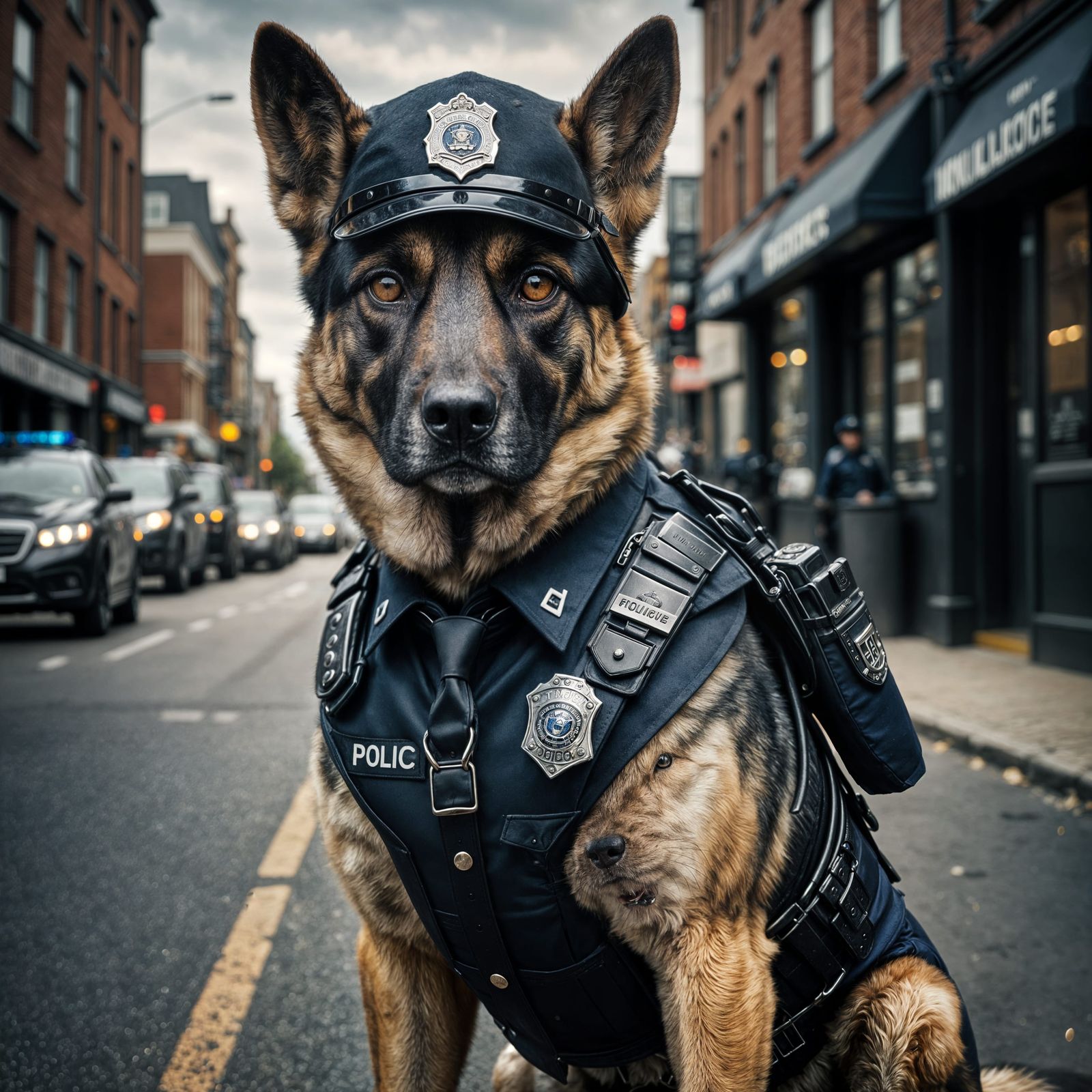 Hyperrealistic Police Dog Portrait in Moody HDR