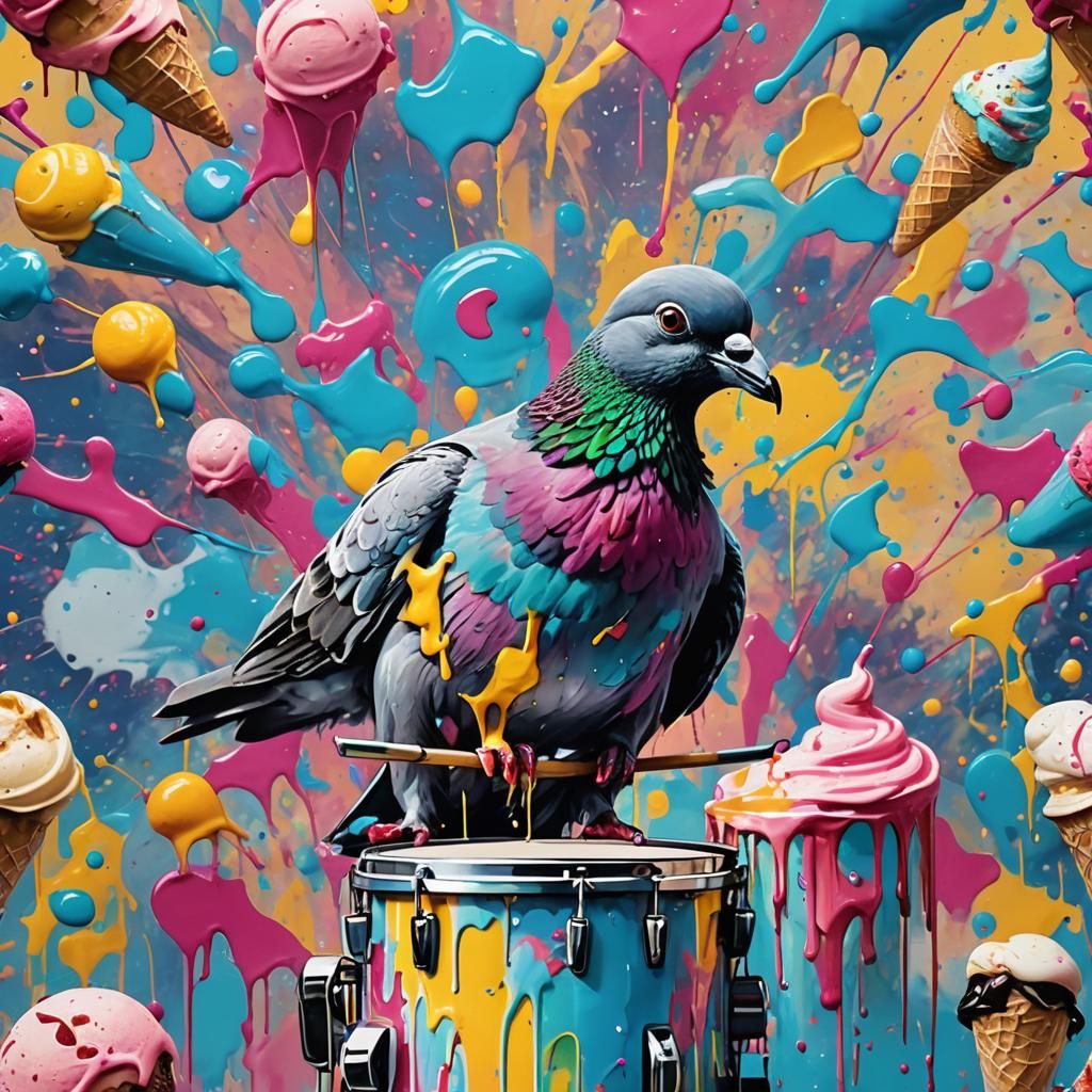 Pigeon Drummer: Abstract Expressionism with Ice Cream