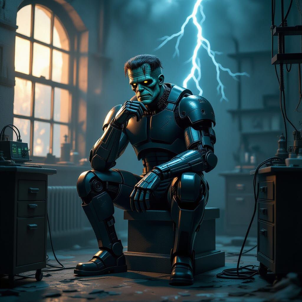 Cyborg Frankenstein as The Thinker in Chiaroscuro Lab