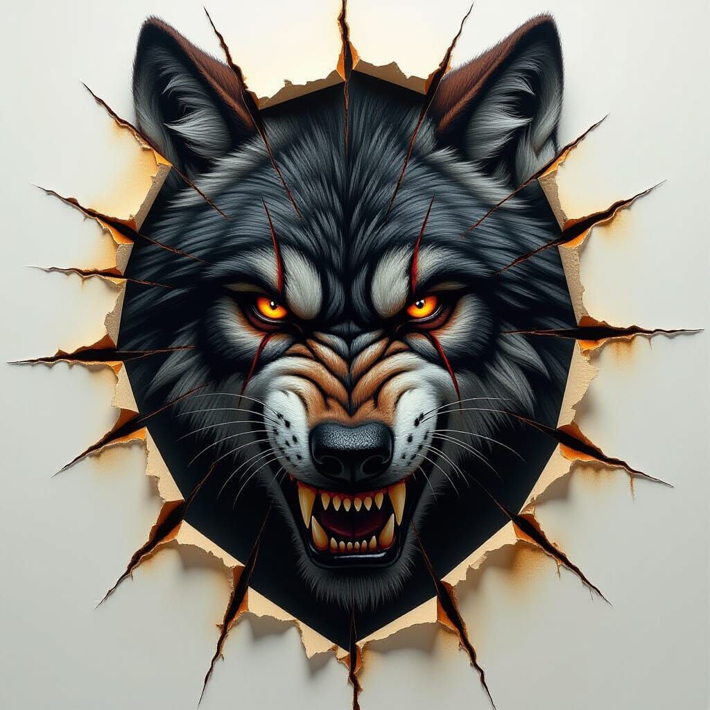 Werewolf Face Oil Painting with Claw Tears